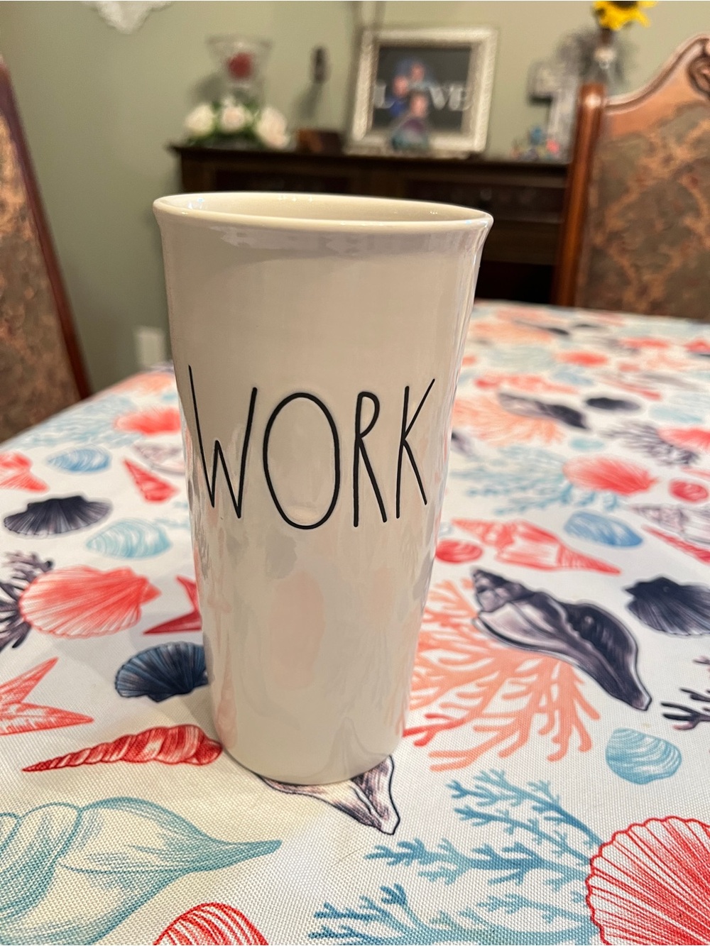 White Ceramic Travel Mug with 'WORK' Lettering